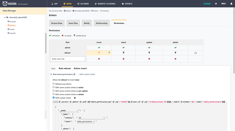 Hasura Console Screenshot